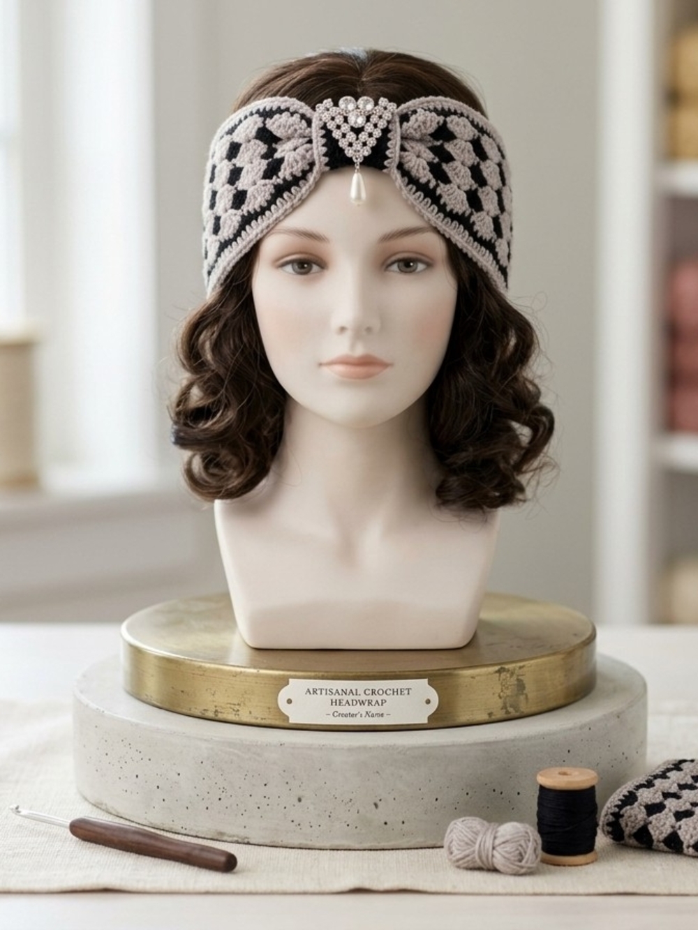 Artisanal Crochet Headwrap - Black and Grey Decorative Headband